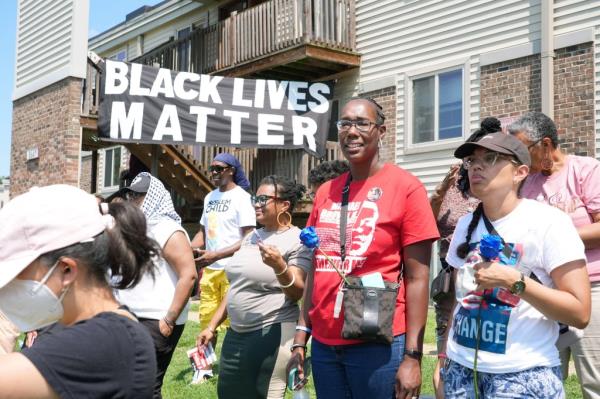 Protesters gather on Canfield Drive, the street wher<em></em>e Michael Brown Jr. was fatally shot.