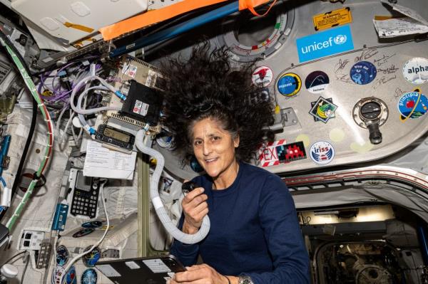 AUGUST 8, 2024. 
Astro<em></em>naut Suni Williams uses a HAM radio and talks to students. 