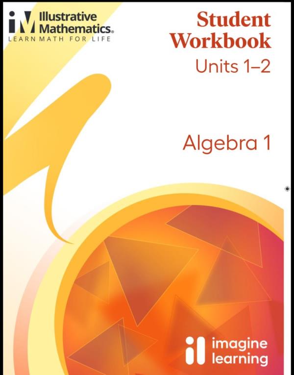 illustrative math workbook with orange circle in the lower right and red letters on white background