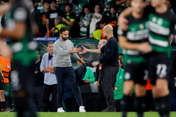 LISBON, PORTUGAL - NOVEMBER 5: Coach Pep Guardiola of Manchester City co<em></em>ngratulates coach Ruben Amorim of Sporting CP during the UEFA Champions League match between Sporting CP v Manchester City at the Estadio Jose Alvalade on November 5, 2024 in Lisbon Portugal (Photo by Eric Verhoeven/Soccrates/Getty Images)