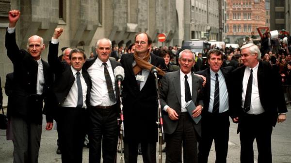 The Birmingham Six outside the Old bailey in London, after their co<em></em>nvictions were quashed. Left-right: John Walker, Paddy Hill. Hugh Callaghan, Chris Mullen MP (who campaigned for their release), Richard McIlkenny, Gerry Hunter and William Power. 